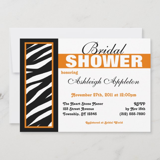 Zebra Print Side Orange Bridal Douche Invitations (Devant)