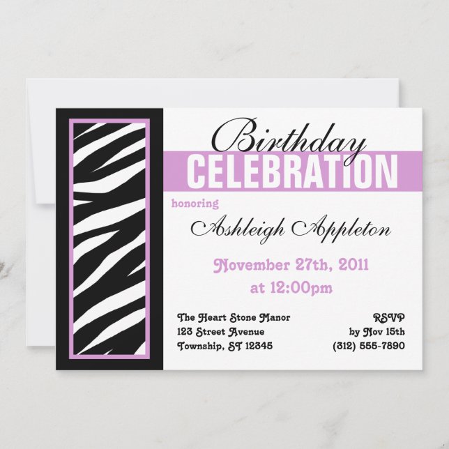 Zebra Print Side Purple Invitations de fête d'anni (Devant)