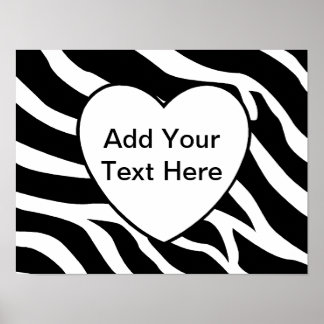 Zebra Print Stripes White Heart Poster