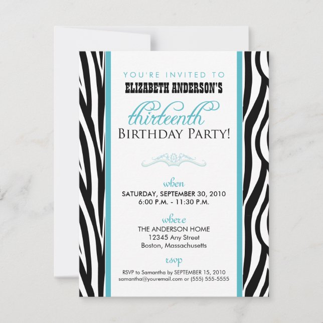 Zebra Print Sweet 13 Party Invitation (aqua) (Devant)