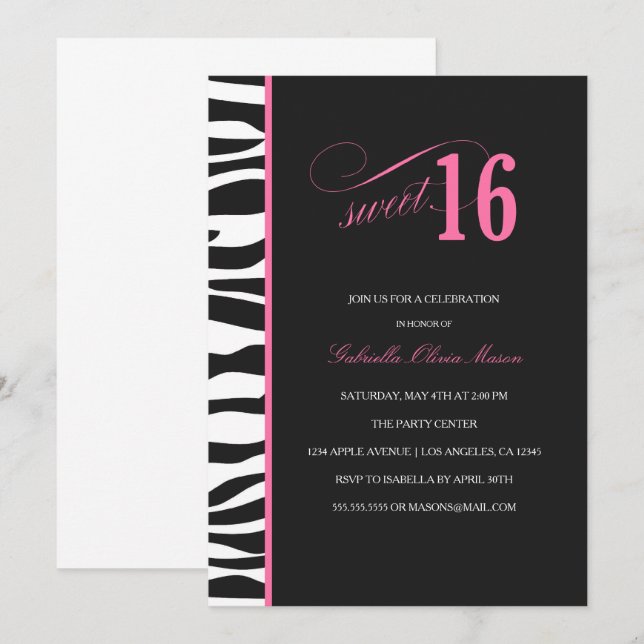 Zebra Print Sweet 16 Party Invitation (Devant / Derrière)