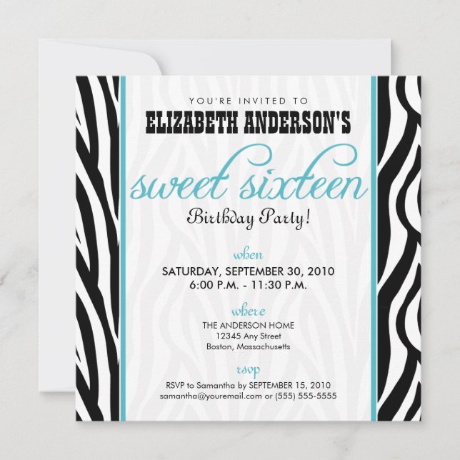 Zebra Print Sweet 16 Party Invitation (aqua) (Devant)