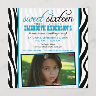 Zebra Print Sweet 16 Party Invitation (bleu aqua)