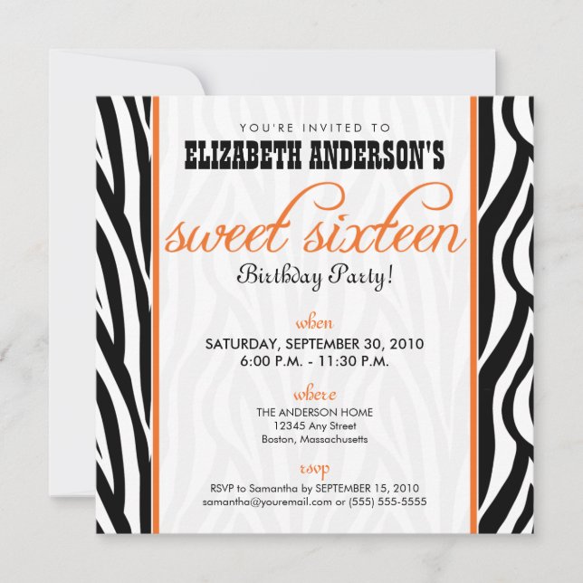 Zebra Print Sweet 16 Party Invitation (orange) (Devant)