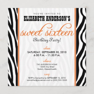 Zebra Print Sweet 16 Party Invitation (orange)