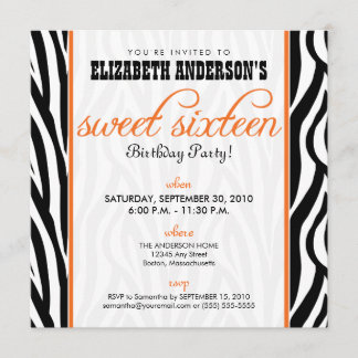Zebra Print Sweet 16 Party Invitation (orange)
