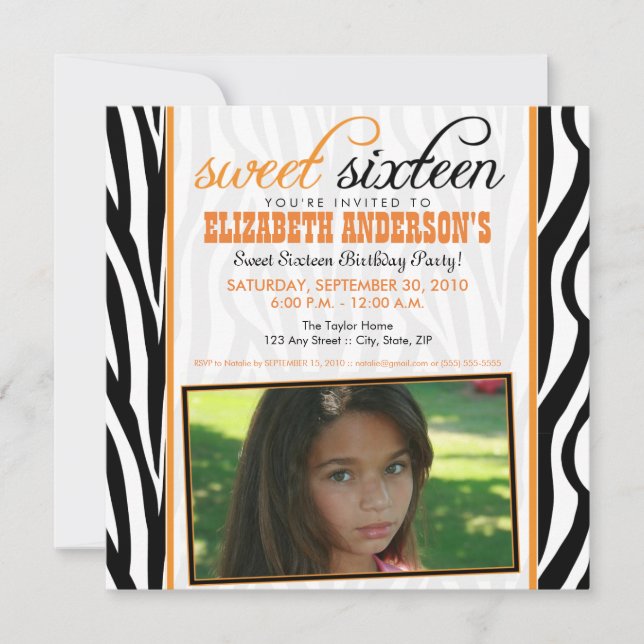 Zebra Print Sweet 16 Party Invitation (orange) (Devant)