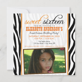 Zebra Print Sweet 16 Party Invitation (orange)