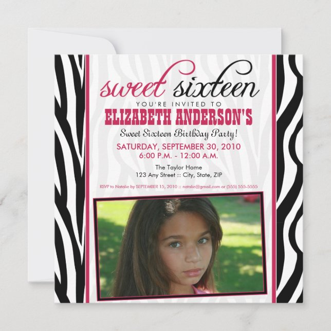 Zebra Print Sweet 16 Party Invitation (rose chaud) (Devant)