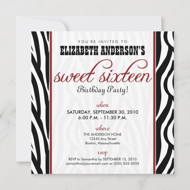 Zebra Print Sweet 16 Party Invitation (rouge) (Devant)