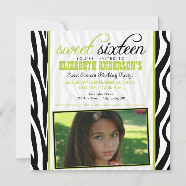 Zebra Print Sweet 16 Party Invitation (vert citron (Devant)