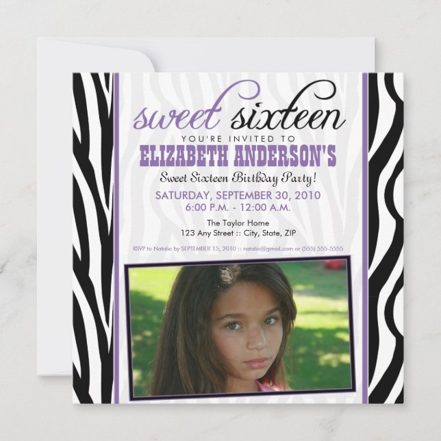 Zebra Print Sweet 16 Party Invitation (violet) (Devant)