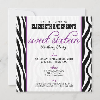 Zebra Print Sweet 16 Party Invitation (violet)