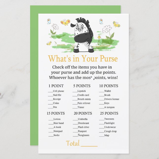 Zebra Quel jeu dans votre sac (Devant / Derrière)