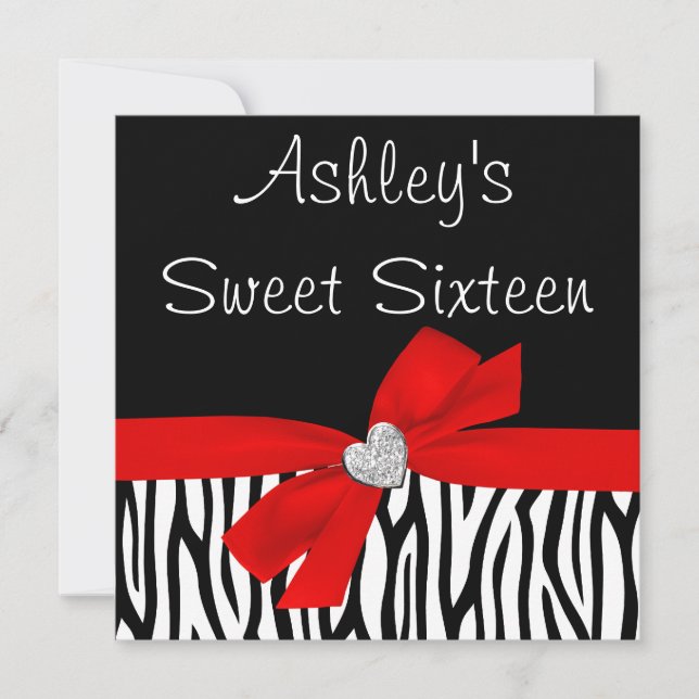 Zebra Red Bow Diamond Sweet 16 Invitations (Devant)