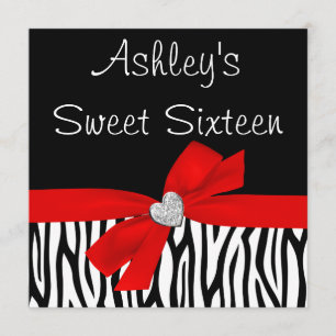 Zebra Red Bow Diamond Sweet 16 Invitations