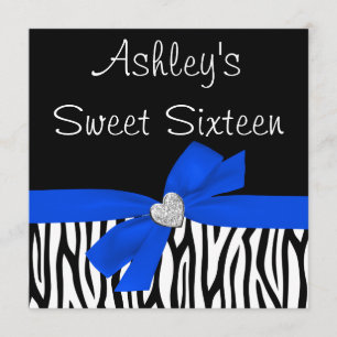 Zebra Royal Blue Bow Diamond Sweet 16 Invitations