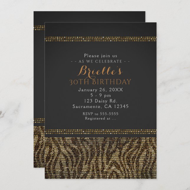 Zebra Sequins Sparkle Glam Chic Party Invitation (Devant / Derrière)
