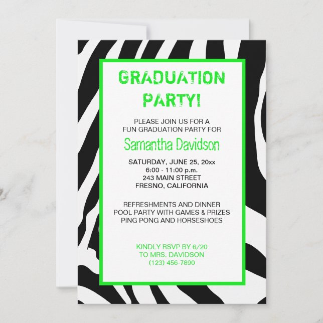 Zebra Stripe Gradupe Invitation Green (Devant)