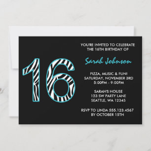 Zebra Turquoise et Black Sweet Invitation d'annive