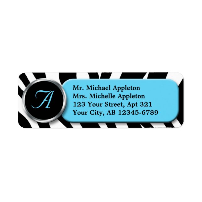 Zèbre classique Imprimer Aqua Monogramme Étiquette (Devant)