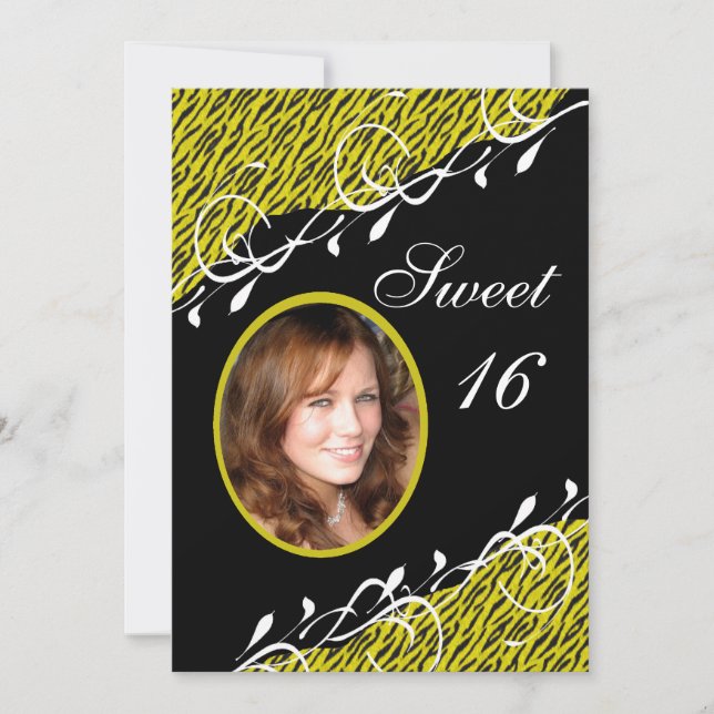 Zèbre jaune et noir Imprimer Sweet 16 Invitation (Devant)