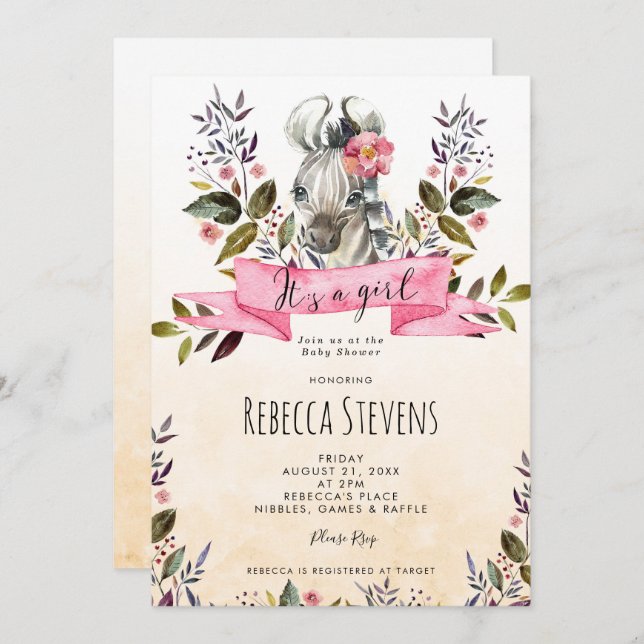 zèbre petit floral fille baby shower invitation (Devant / Derrière)