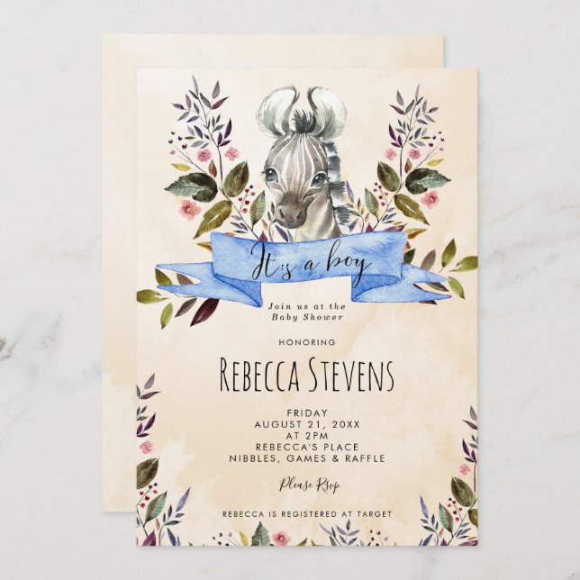 zèbre petit garçon floral baby shower invitation (Devant / Derrière)