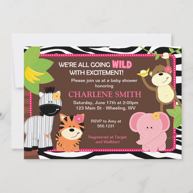 Zèbre rose Imprimer Jungle Baby Shower Invitations (Devant)