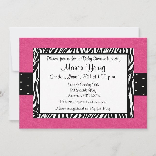 Zèbre rose Imprimez une invitation pour bébé ou un (Devant)