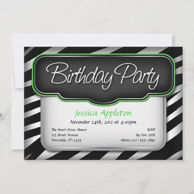 Zèbre unique Imprimer vert Invitations d'anniversa (Devant)