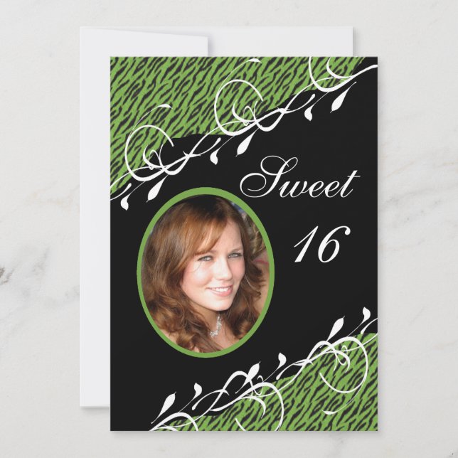 Zèbre vert et noir Imprimer Sweet 16 Invitation (Devant)