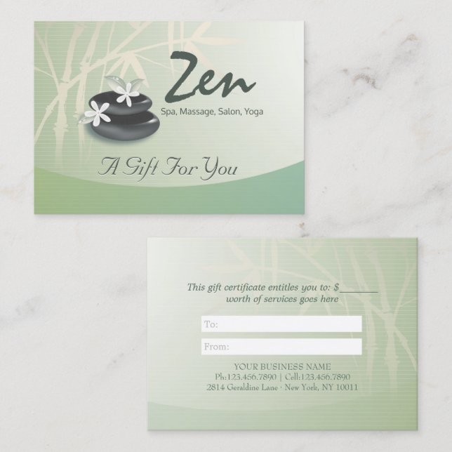 ZEN Stone Bamboo YOGA SPA Massage Certificat cadea (Devant / Derrière)
