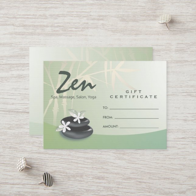 ZEN Stone Bamboo YOGA SPA Massage Certificat cadea (Devant/Arrière en situation)