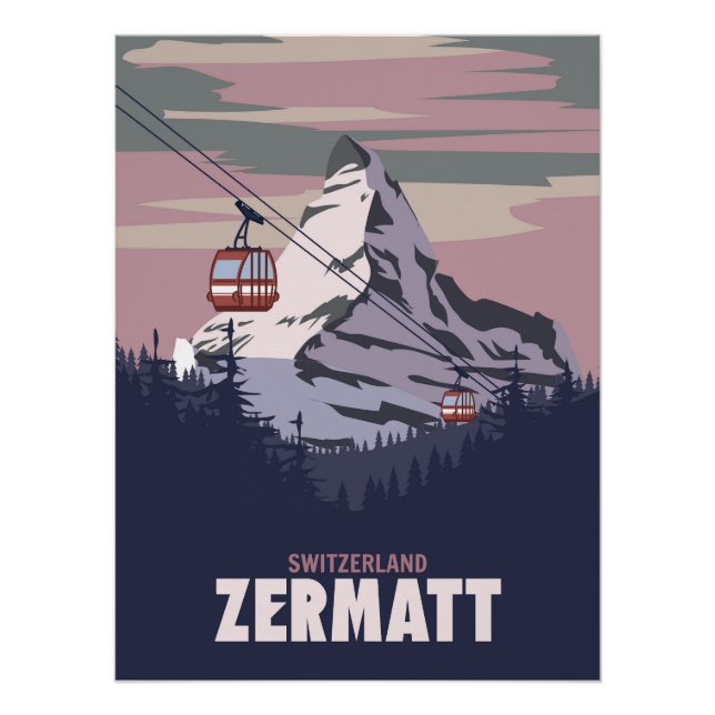 Zermatt poster de la station de ski, rétros Alpes  (Devant)