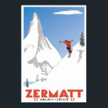Zermatt, Valais, Suisse, Affiche de ski<br><div class="desc">Zermatt, dans le canton du Valais, est une station de montagne réputée pour le ski, les escalades et le randonnée. La ville, à une altitude d'environ 1600 mètres, se trouve en contrebas de l'emblématique sommet pyramidal en forme de Cervin. Sa rue principale, Bahnhofstrasse, bordée de boutiques, d'hôtels et de restaurants,...</div>