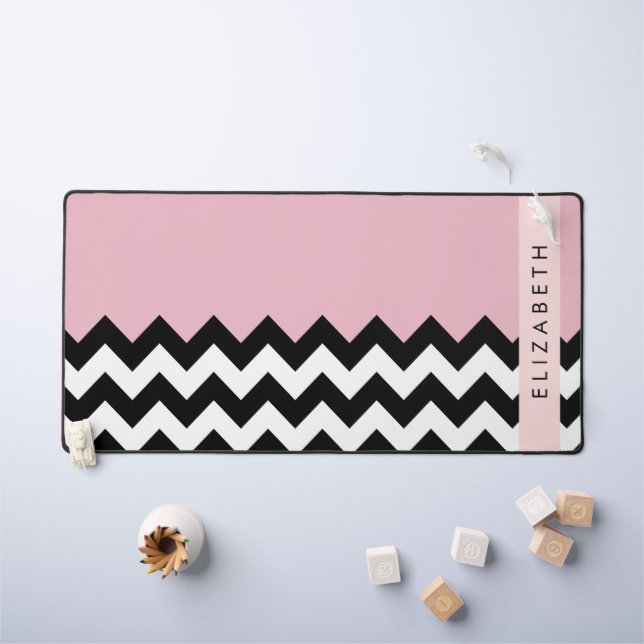 Zigzag noir et blanc, Chevron, rose, Votre nom (Tableau pour enfants)