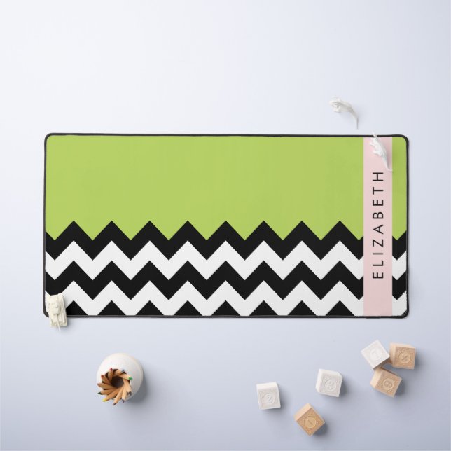 Zigzag noir et blanc, Chevron, Vert, Votre nom (Tableau pour enfants)