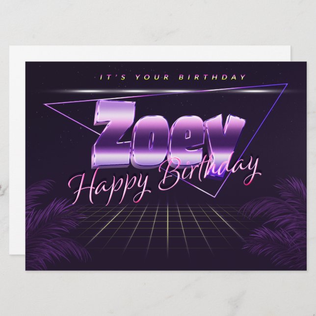 Zoey Prénom lila retro Carte Anniversaire (Devant / Derrière)