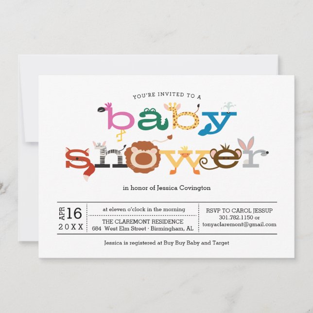 Zoo Animal Thème Baby shower Invitation (Devant)
