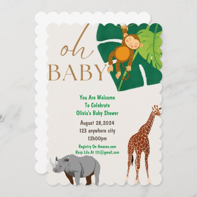 Zoo animaux garçon baby shower invitation (Devant / Derrière)