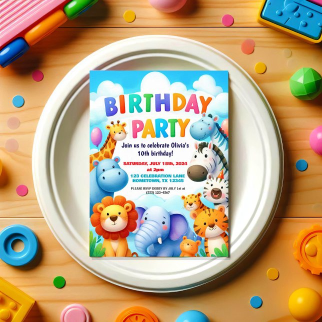 Zoo coloré Animaux Anniversaire Fête Invitation (Créateur téléchargé)