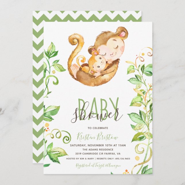 Zoo de singe Animal Green Baby shower Invitation (Devant / Derrière)