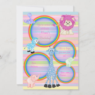 ZOO RAINBOW PARTY INVITATION PINK strié
