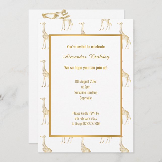 ZOOM THEMED GOLD GIRAFFE ANNIVERSAIRE INVITATION (Devant / Derrière)