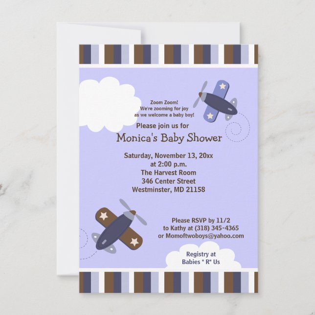 Zooming Airplane Invitation Brown et Marine (Devant)