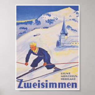 Zweisimmen Suisse Vintage Ski Travel Poster